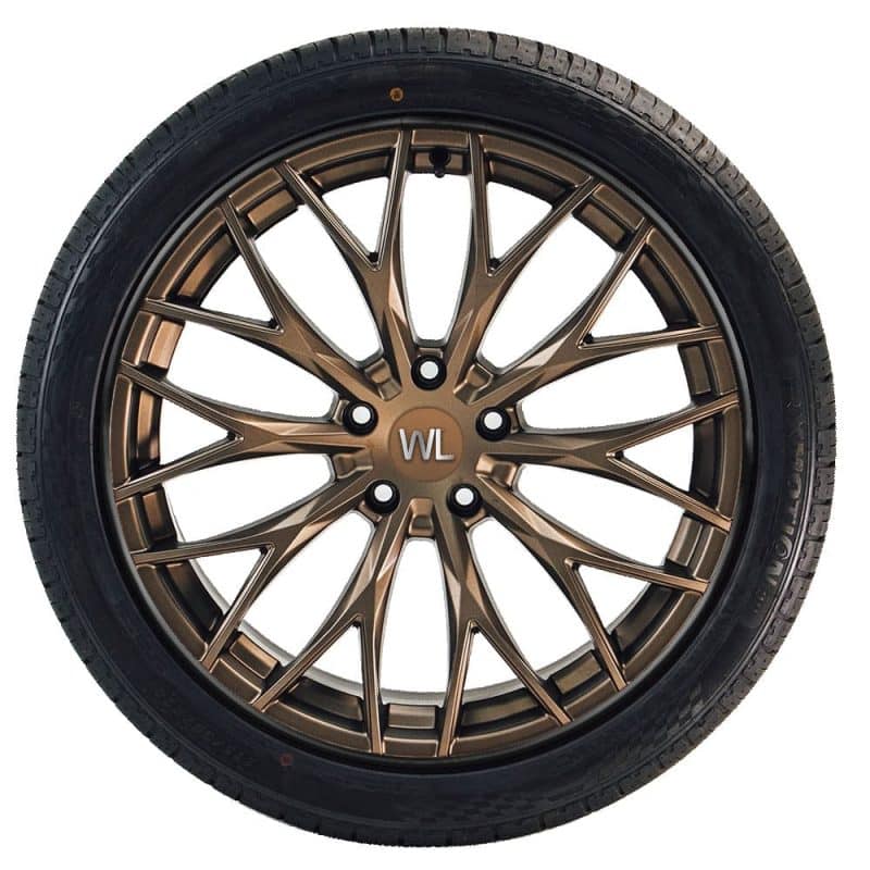 Bronze alloy wheel fitted with a black WHEELUV protector, almost invisible against the rim