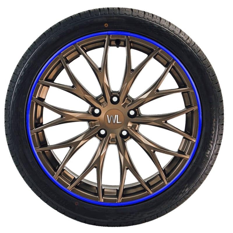 Bronze alloy wheel fitted with a blue WHEELUV protector