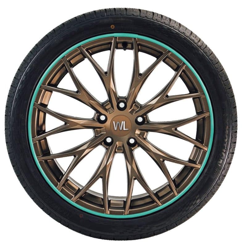 Bronze alloy wheel fitted with an emerald WHEELUV protector