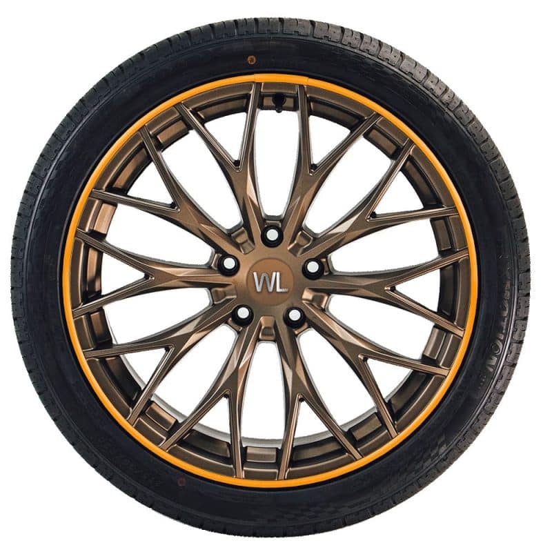 Bronze alloy wheel fitted with an orange WHEELUV protector