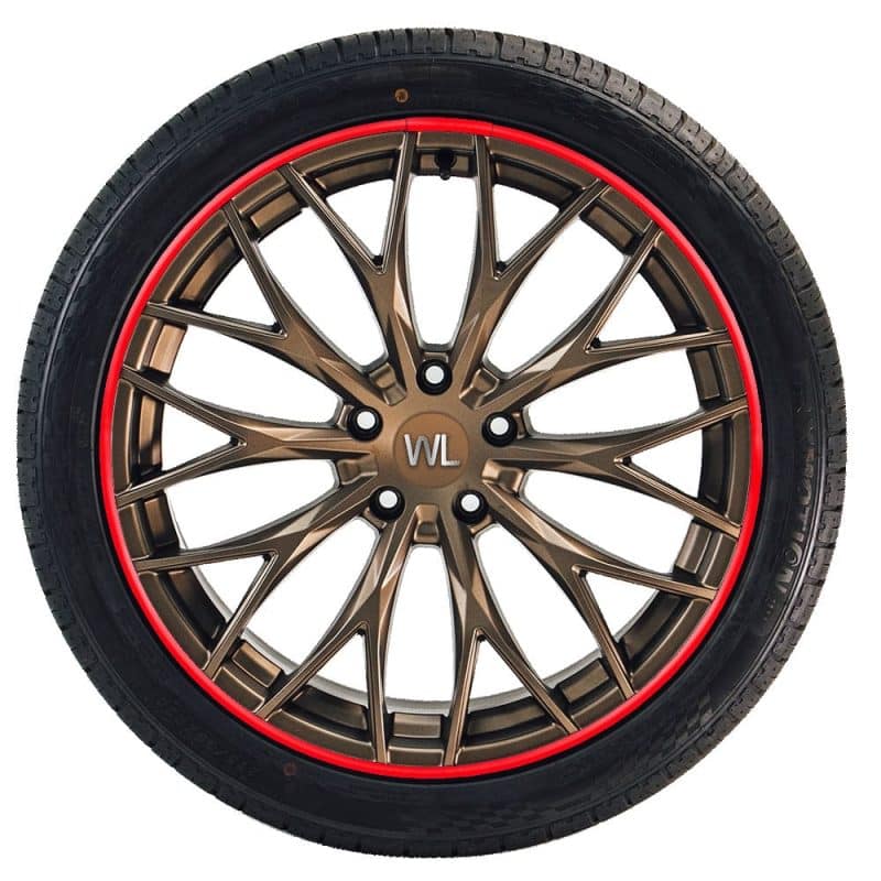 Bronze alloy wheel fitted with a red WHEELUV protector