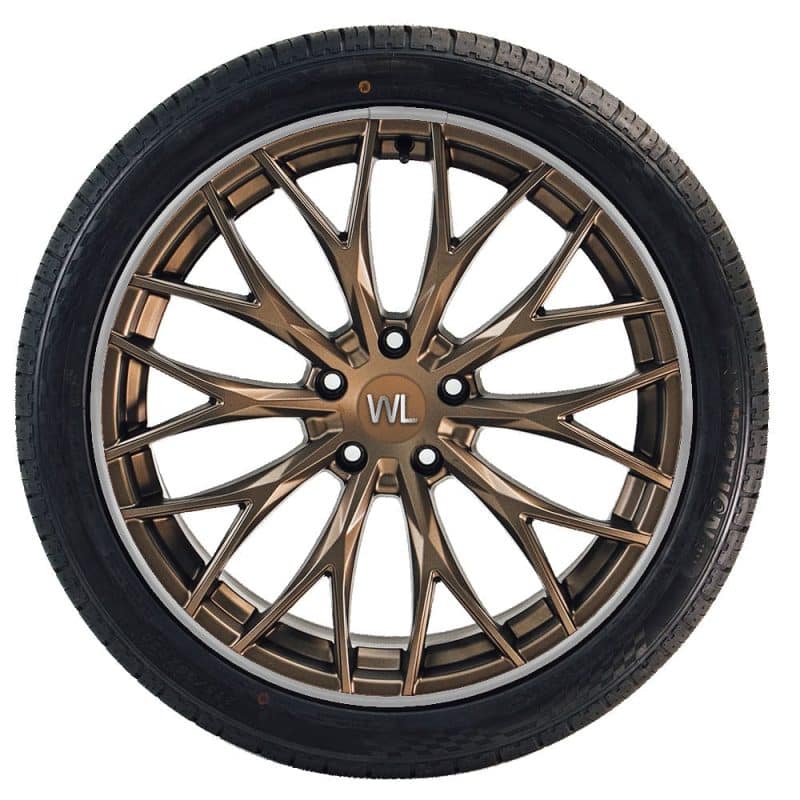 Bronze alloy wheel fitted with a silver WHEELUV protector