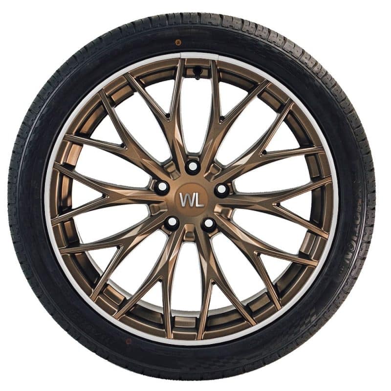 Bronze alloy wheel fitted with a white WHEELUV protector